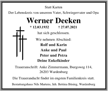Traueranzeige von Werner Deeken von Nordwest-Zeitung
