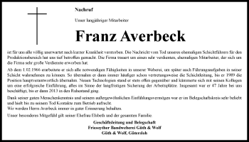 Traueranzeige von Franz Averbeck von Nordwest-Zeitung