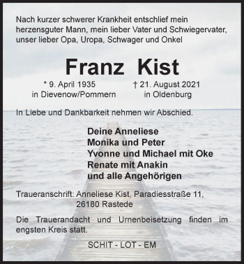 Traueranzeige von Franz Kist von Nordwest-Zeitung