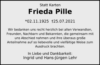 Traueranzeige von Frieda Pille von Nordwest-Zeitung