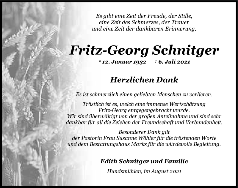  Traueranzeige für Fritz-Georg Schnitger vom 27.08.2021 aus Nordwest-Zeitung