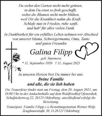 Traueranzeige von Galina Filipp von Nordwest-Zeitung