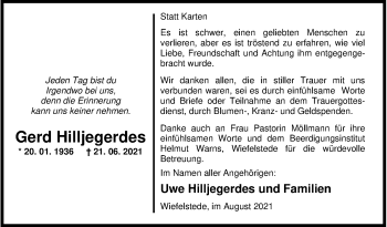 Traueranzeige von Gerd Hilljegerdes von Nordwest-Zeitung