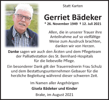 Traueranzeige von Gerriet Bädeker von Nordwest-Zeitung