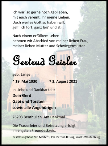 Traueranzeige von Gertrud Geisler von Nordwest-Zeitung