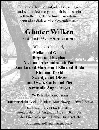 Traueranzeige von Günter Wilken von Nordwest-Zeitung