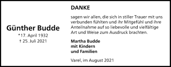 Traueranzeige von Günther Budde von Nordwest-Zeitung