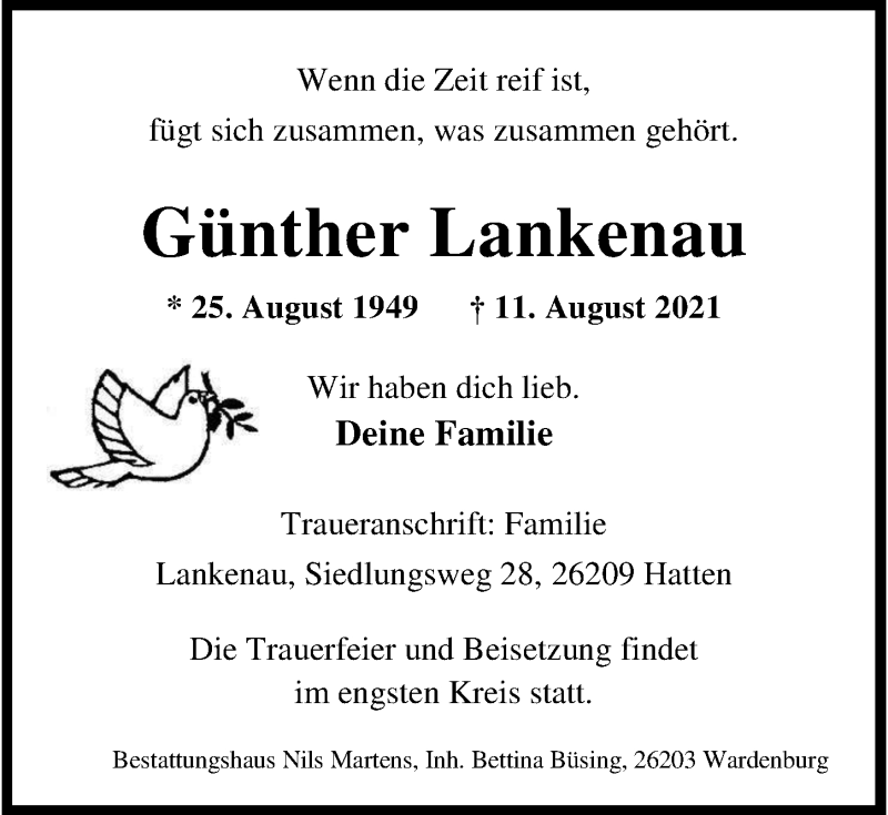  Traueranzeige für Günther Lankenau vom 14.08.2021 aus Nordwest-Zeitung