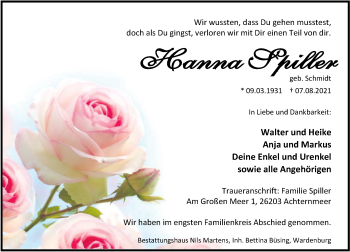 Traueranzeige von Hanna Spiller von Nordwest-Zeitung