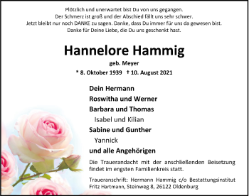Traueranzeige von Hannelore Hammig von Nordwest-Zeitung