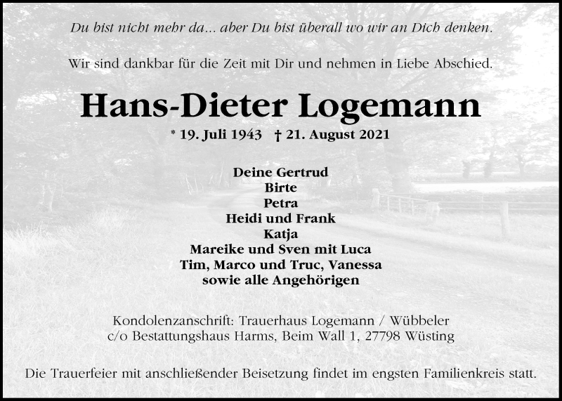  Traueranzeige für Hans-Dieter Logemann vom 28.08.2021 aus Nordwest-Zeitung