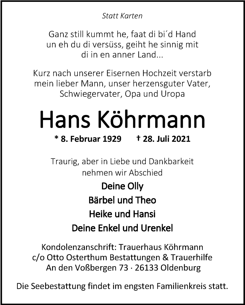  Traueranzeige für Hans Köhrmann vom 03.08.2021 aus Nordwest-Zeitung
