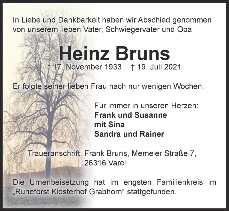 Traueranzeige für Heinz Bruns vom 14.08.2021 aus Nordwest-Zeitung
