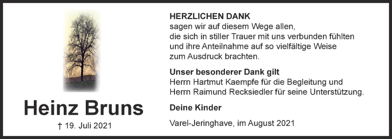  Traueranzeige für Heinz Bruns vom 28.08.2021 aus Nordwest-Zeitung