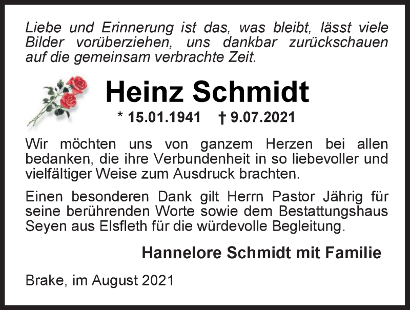  Traueranzeige für Heinz Schmidt vom 31.08.2021 aus Nordwest-Zeitung