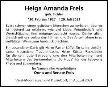 Traueranzeige von Helga Amanda Frels von Nordwest-Zeitung