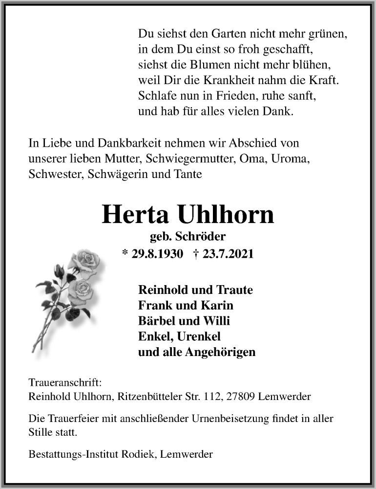  Traueranzeige für Herta Uhlhorn vom 05.08.2021 aus Nordwest-Zeitung