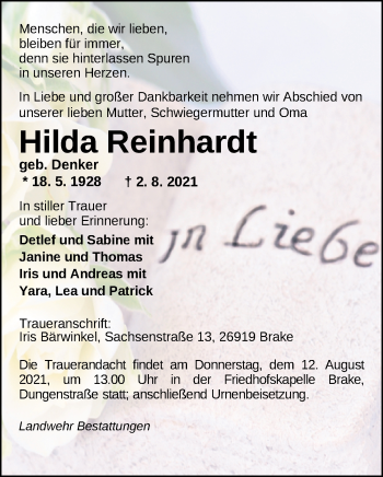 Traueranzeige von Hilda Reinhardt von Nordwest-Zeitung