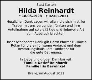 Traueranzeige von Hilda Reinhardt von Nordwest-Zeitung