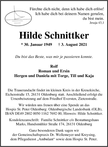Traueranzeige von Hilde Schnittker von Nordwest-Zeitung