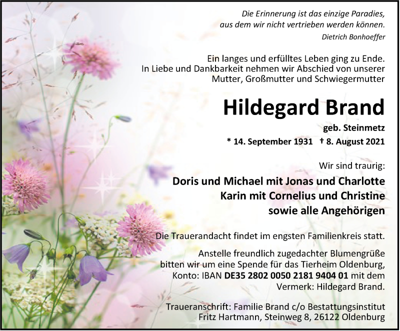 Traueranzeige für Hildegard Brand vom 14.08.2021 aus Nordwest-Zeitung