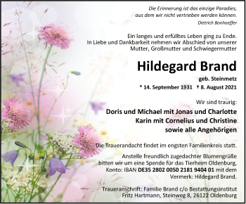 Traueranzeige von Hildegard Brand von Nordwest-Zeitung
