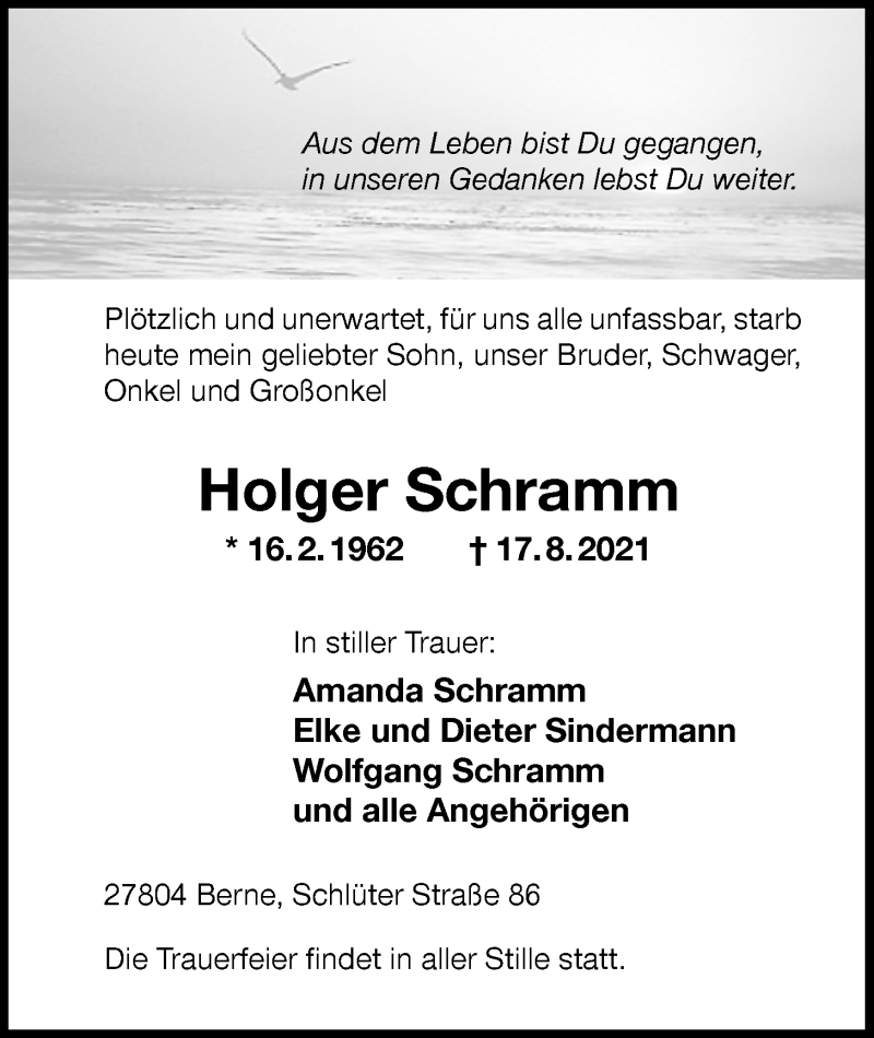  Traueranzeige für Holger Schramm vom 20.08.2021 aus Nordwest-Zeitung