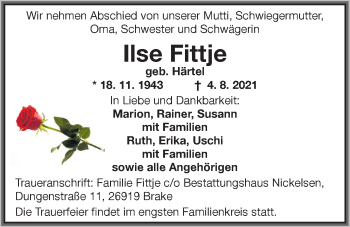 Traueranzeige von Ilse Fittje von Nordwest-Zeitung