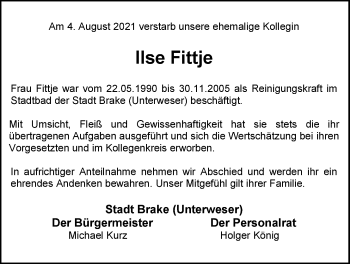 Traueranzeige von Ilse Fittje von Nordwest-Zeitung