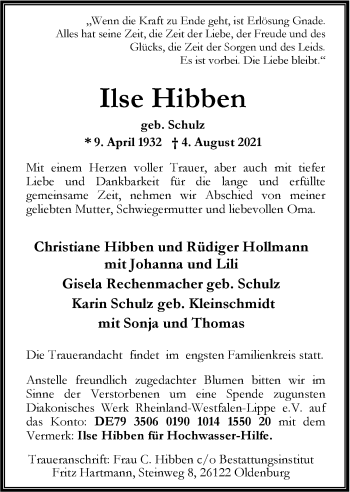 Traueranzeige von Ilse Hibben von Nordwest-Zeitung