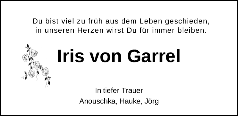  Traueranzeige für Iris von Garrel vom 28.08.2021 aus Nordwest-Zeitung