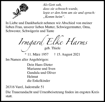 Traueranzeige von Irmgard Elke Harms von Nordwest-Zeitung