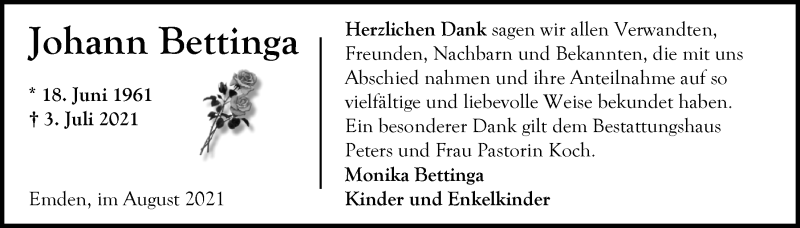  Traueranzeige für Johann Bettinga vom 21.08.2021 aus Emder Zeitung
