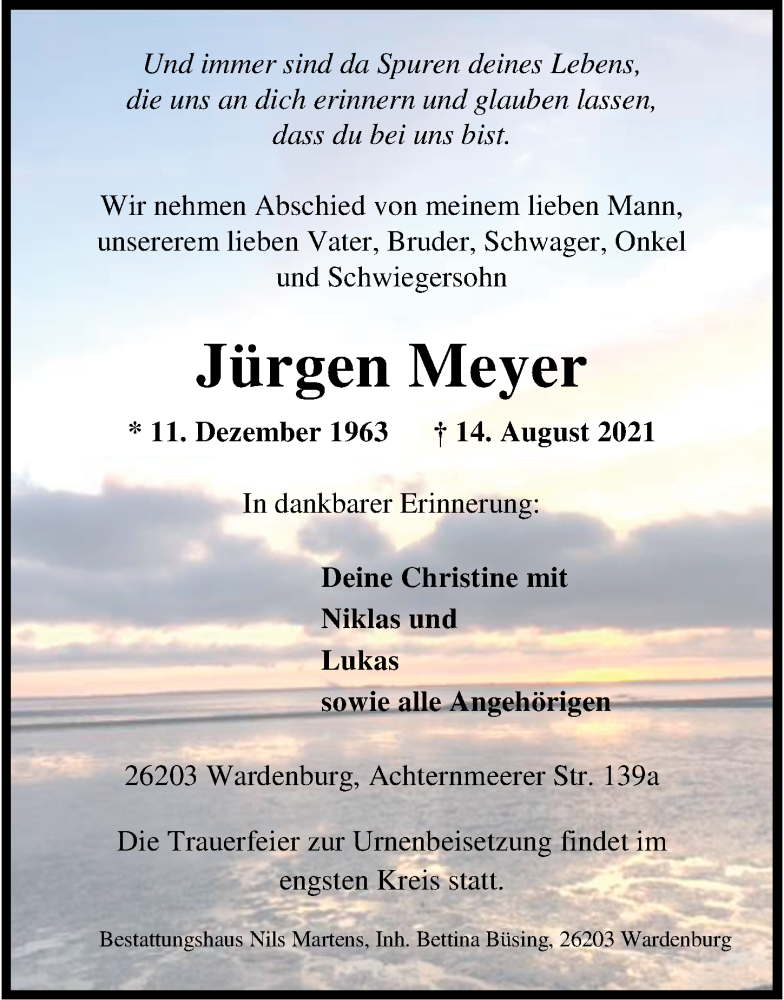  Traueranzeige für Jürgen Meyer vom 21.08.2021 aus Nordwest-Zeitung