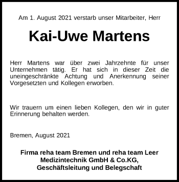 Traueranzeige von Kai-Uwe Martens von Nordwest-Zeitung