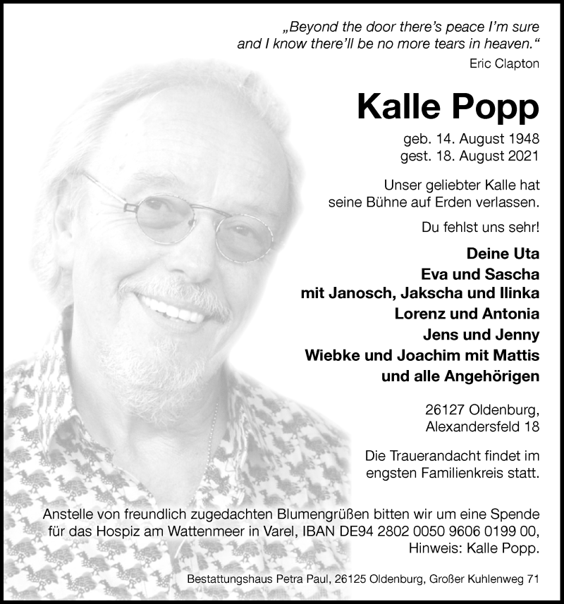  Traueranzeige für Kalle Popp vom 21.08.2021 aus Nordwest-Zeitung