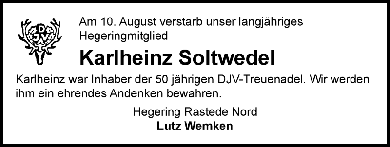  Traueranzeige für Karlheinz Soltwedel vom 17.08.2021 aus Nordwest-Zeitung