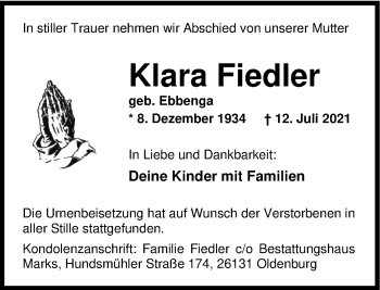 Traueranzeige von Klara Fiedler von Nordwest-Zeitung