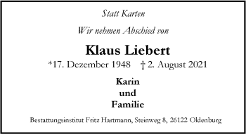 Traueranzeige von Klaus Liebert von Nordwest-Zeitung