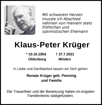 Traueranzeige von Klaus-Peter Krüger von Nordwest-Zeitung