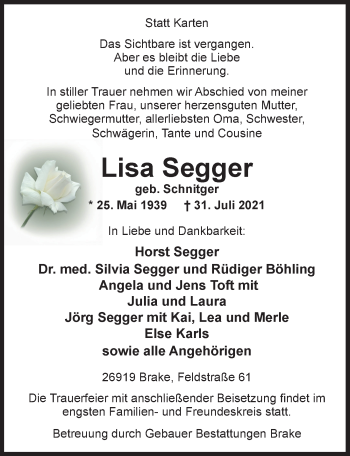 Traueranzeige von Lisa Segger von Nordwest-Zeitung