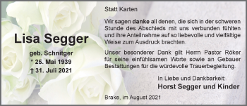 Traueranzeige von Lisa Segger von Nordwest-Zeitung