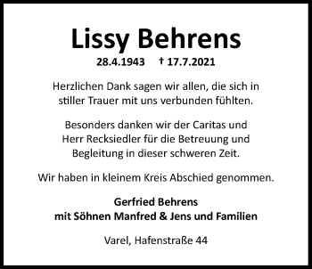 Traueranzeige von Lissy Behrens von Nordwest-Zeitung