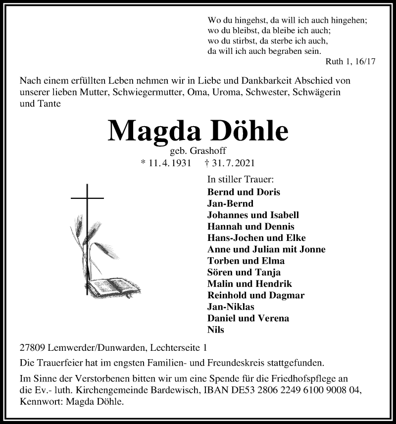  Traueranzeige für Magda Döhle vom 04.08.2021 aus Nordwest-Zeitung