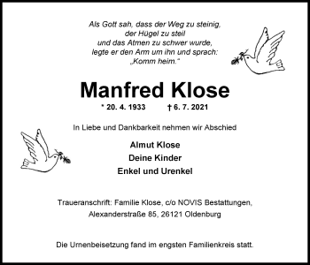 Traueranzeige von Manfred Klose von Nordwest-Zeitung