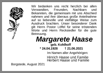 Traueranzeige von Margarete Haase von Nordwest-Zeitung
