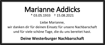 Traueranzeige von Marianne Addicks von Nordwest-Zeitung