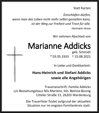 Traueranzeige von Marianne Addicks von Nordwest-Zeitung