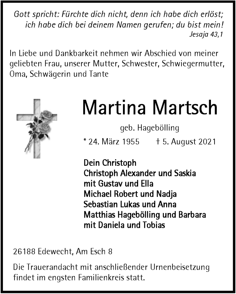  Traueranzeige für Martina Martsch vom 12.08.2021 aus Nordwest-Zeitung