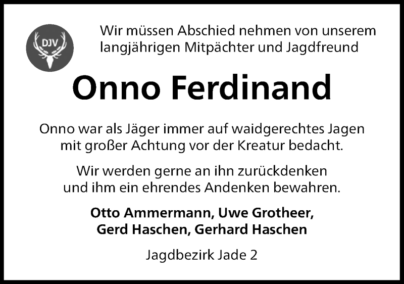  Traueranzeige für Onno Ferdinand vom 21.08.2021 aus Nordwest-Zeitung